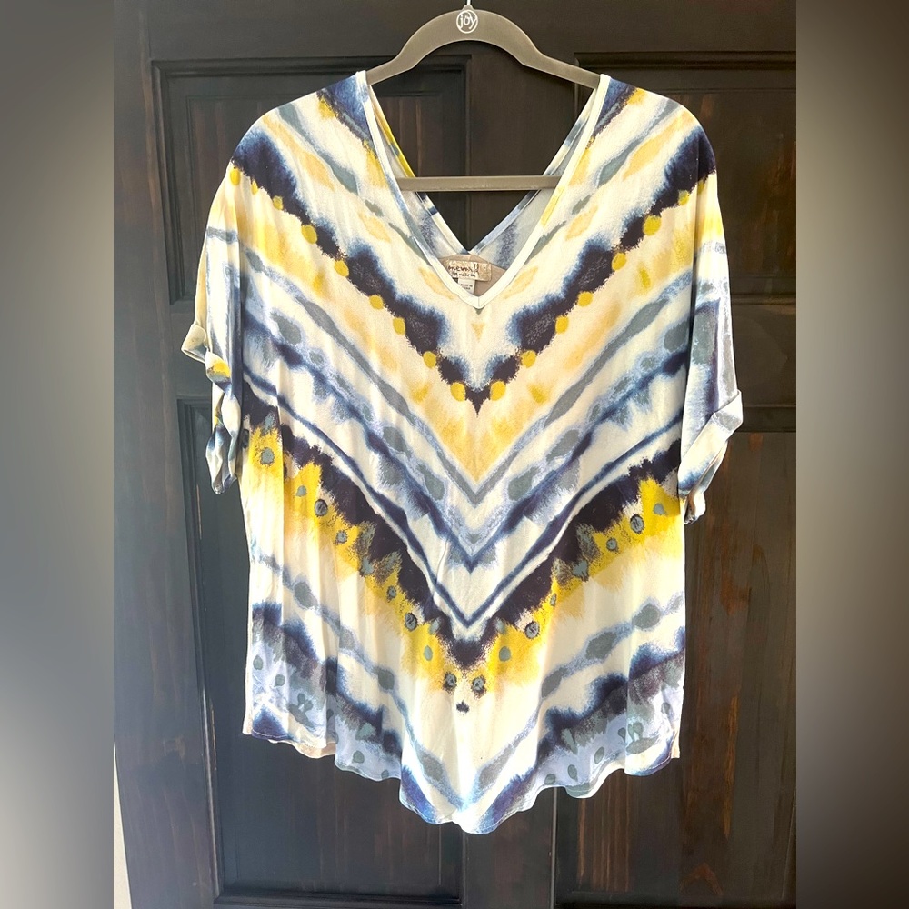 One World Woven Tie-Dye & Knit Short Dolman Sleeve V-Neck Top L